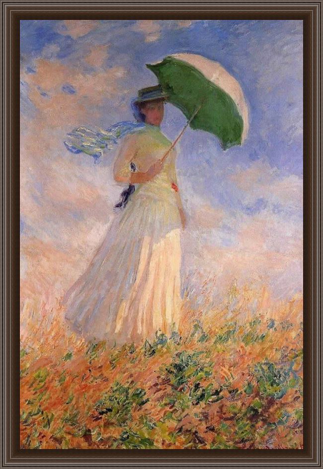 Framed Claude Monet woman with a paraso facing right painting