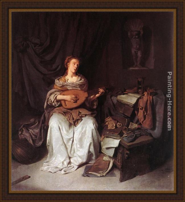 Framed Cornelis Bega woman playing a lute painting