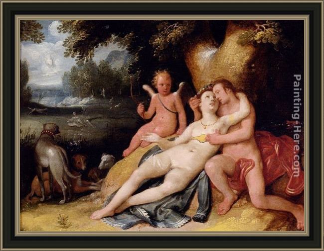 Framed Cornelis Cornelisz venis and adonis with cupid in a landscape painting
