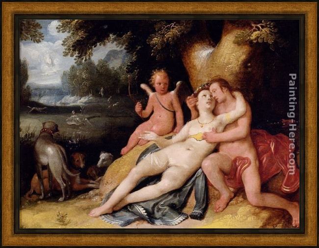 Framed Cornelis Cornelisz venis and adonis with cupid in a landscape painting