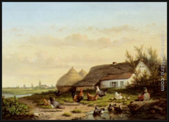 Framed Cornelis van Leemputten farmyard with chicken and ducks painting