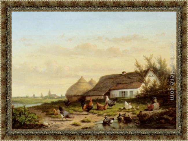 Framed Cornelis van Leemputten farmyard with chicken and ducks painting