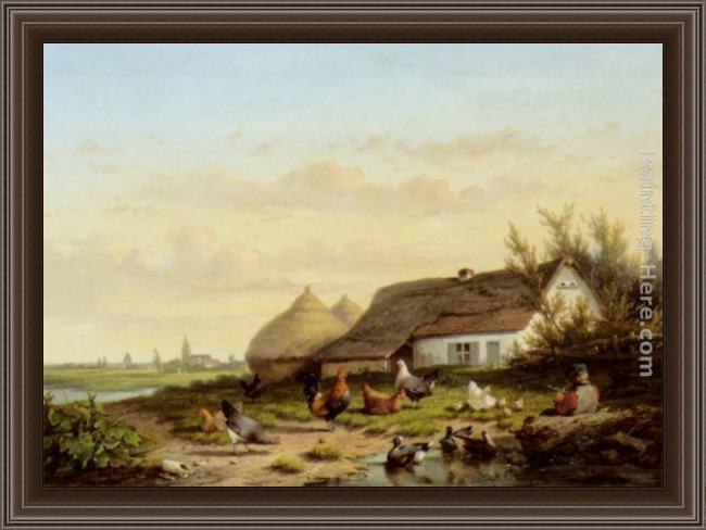 Framed Cornelis van Leemputten farmyard with chicken and ducks painting