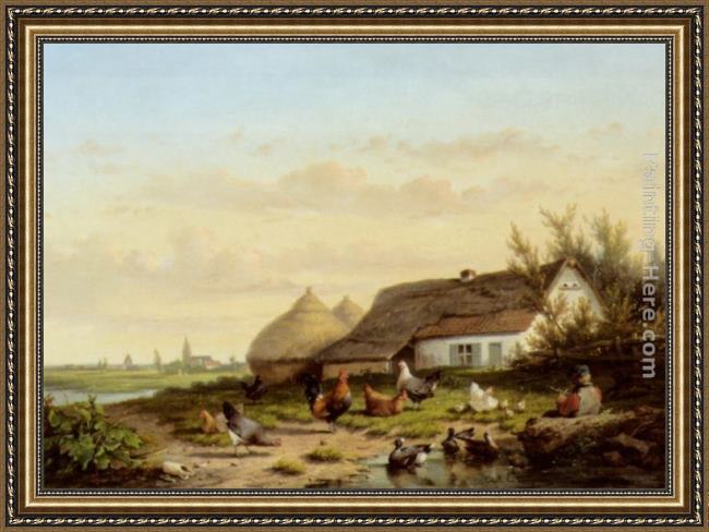 Framed Cornelis van Leemputten farmyard with chicken and ducks painting