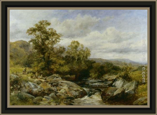 Framed David Bates children by a stream painting