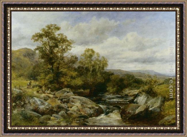 Framed David Bates children by a stream painting