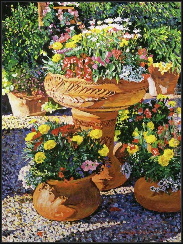 Framed David Lloyd Glover flower pots in sunlight painting