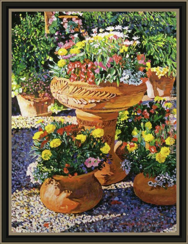 Framed David Lloyd Glover flower pots in sunlight painting
