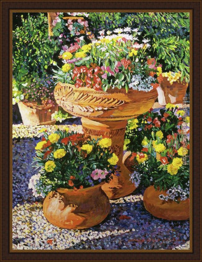 Framed David Lloyd Glover flower pots in sunlight painting