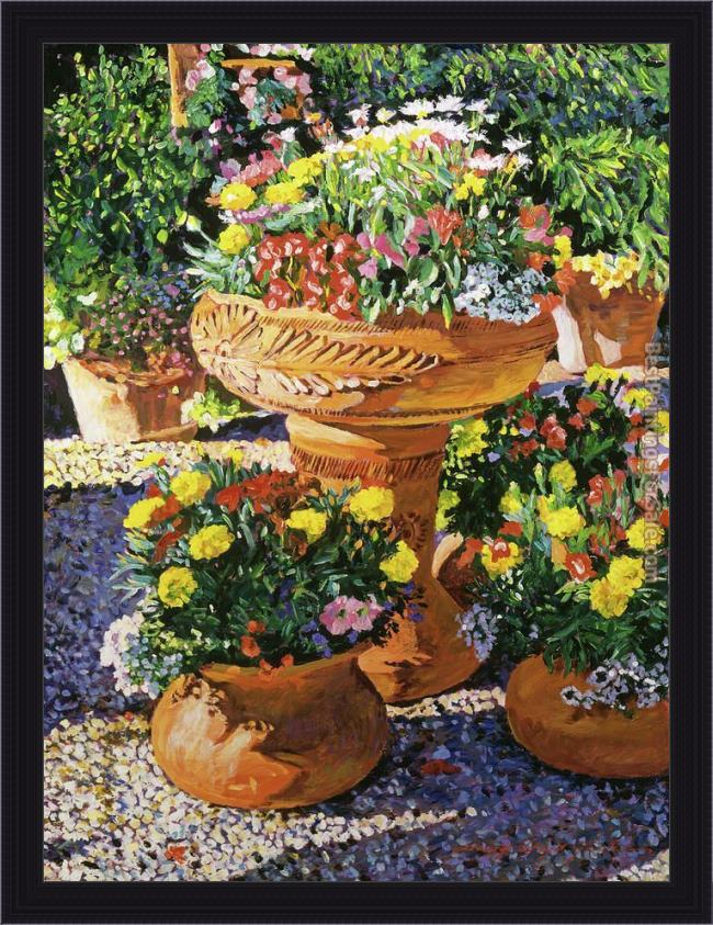 Framed David Lloyd Glover flower pots in sunlight painting