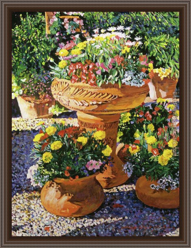 Framed David Lloyd Glover flower pots in sunlight painting