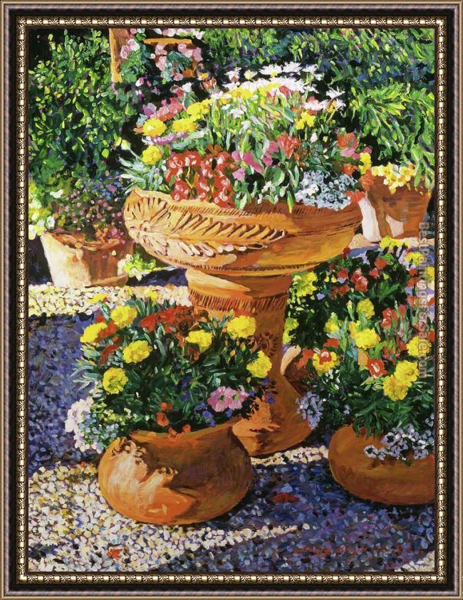 Framed David Lloyd Glover flower pots in sunlight painting