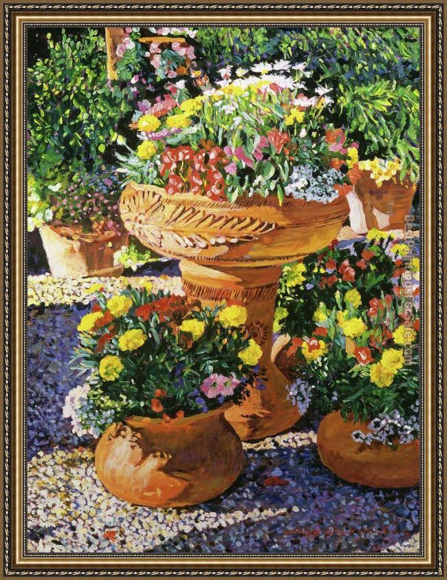 Framed David Lloyd Glover flower pots in sunlight painting