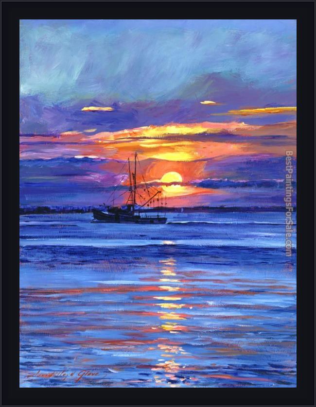 Framed David Lloyd Glover salmon trawler at sunrise painting