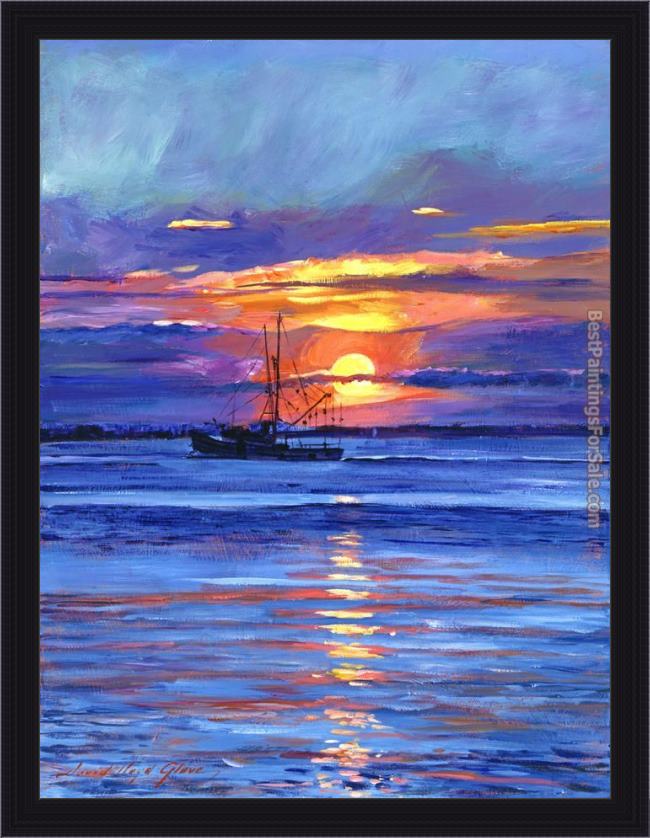 Framed David Lloyd Glover salmon trawler at sunrise painting