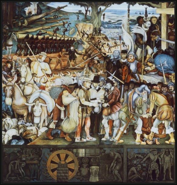 Framed Diego Rivera disembarkation of the spanish at vera cruz (with portrait of cortez as a hunchback) painting