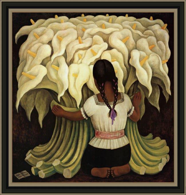 Framed Diego Rivera girl with lilies painting