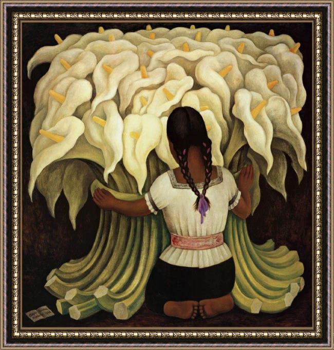 Framed Diego Rivera girl with lilies painting