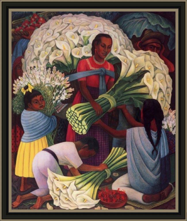 Framed Diego Rivera the flower vendor painting