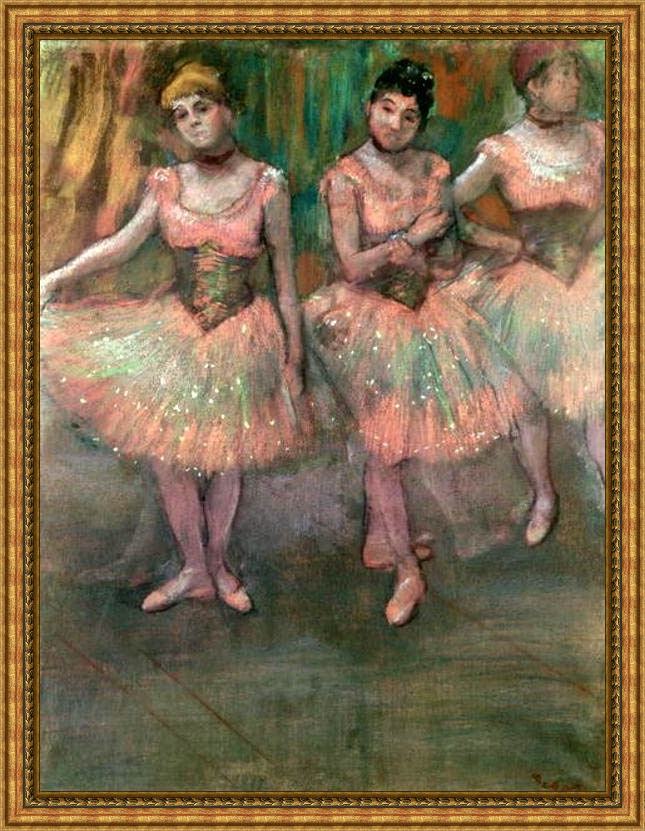 Framed Edgar Degas dancers wearing salmon coloured skirts painting