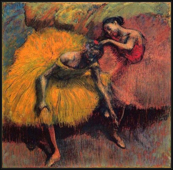 Framed Edgar Degas two dancers in yellow and pink painting