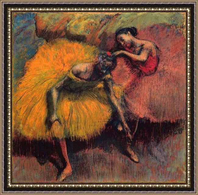 Framed Edgar Degas two dancers in yellow and pink painting