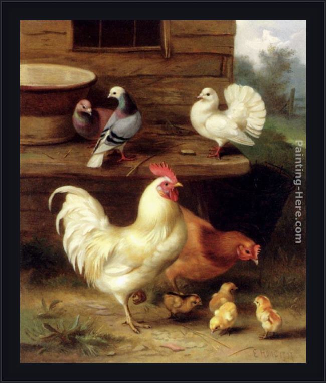 Framed Edgar Hunt a cockerel, hen and chicks with pigeons painting