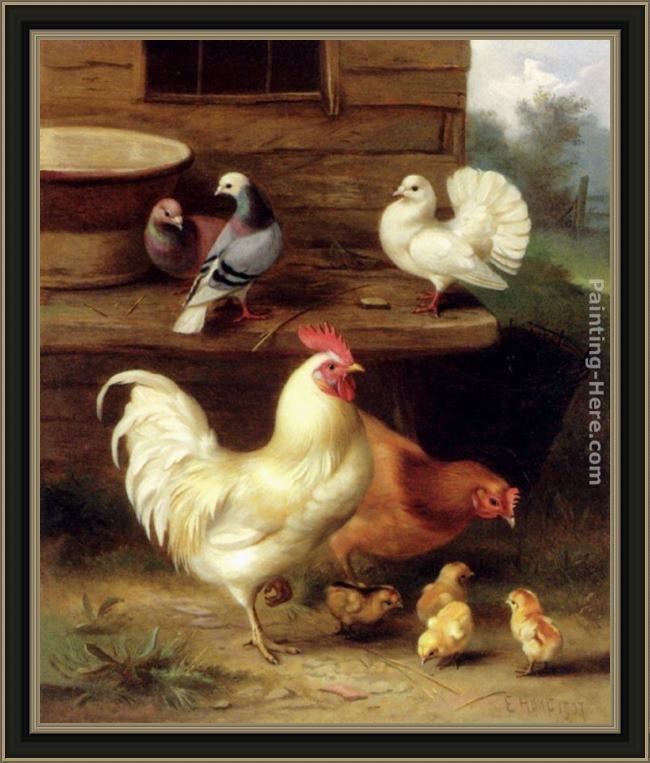 Framed Edgar Hunt a cockerel, hen and chicks with pigeons painting