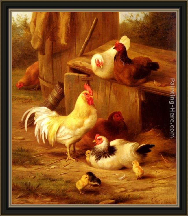 Framed Edgar Hunt chickens and chicks painting