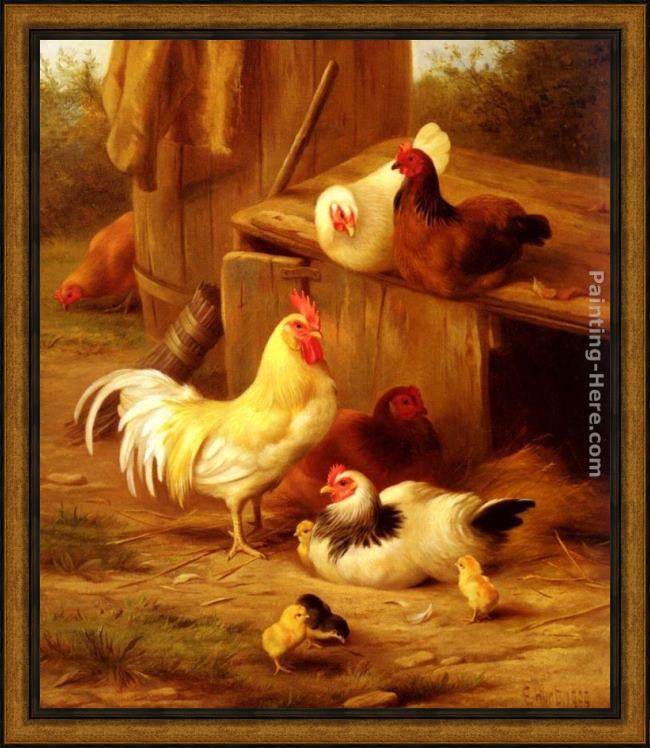 Framed Edgar Hunt chickens and chicks painting