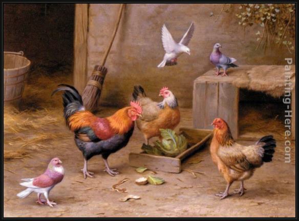 Framed Edgar Hunt chickens in a farmyard painting