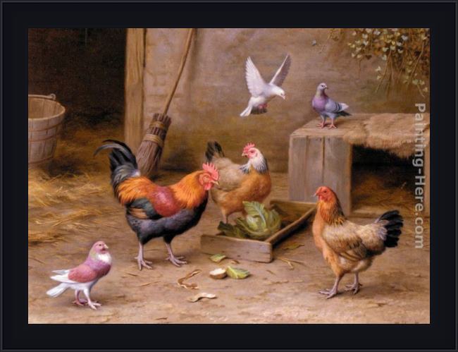 Framed Edgar Hunt chickens in a farmyard painting