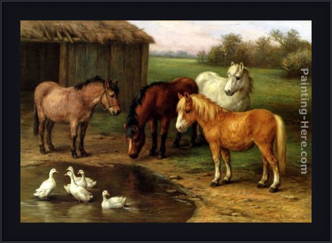 Framed Edgar Hunt ponies by a pond painting