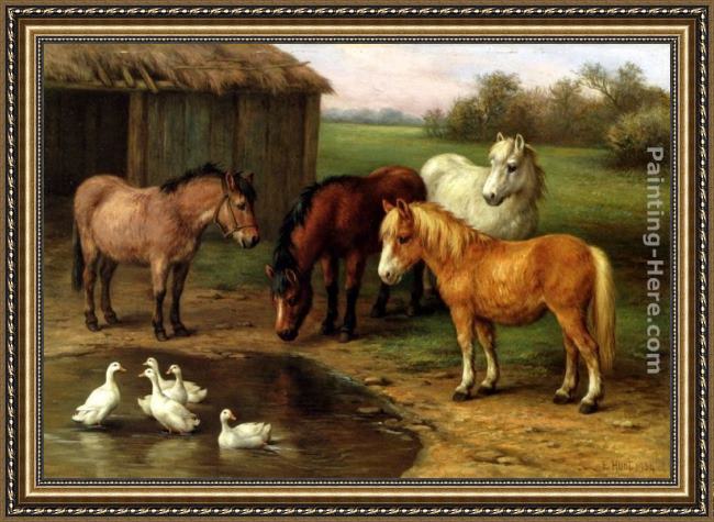 Framed Edgar Hunt ponies by a pond painting