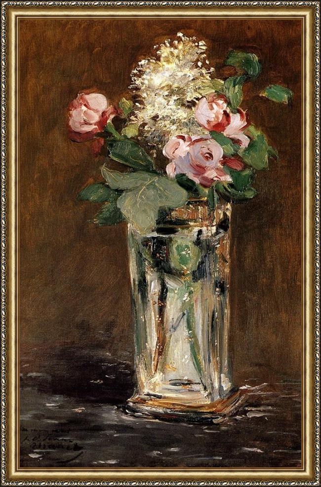 Framed Edouard Manet flowers in a crystal vase painting