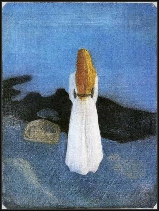 Framed Edvard Munch girl on the beach painting