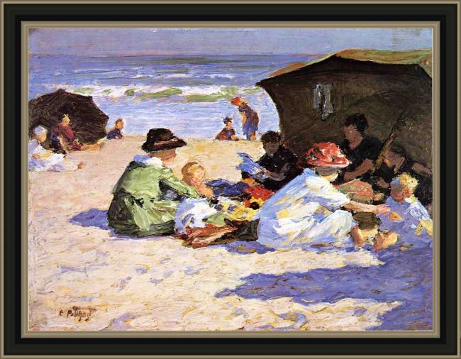 Framed Edward Henry Potthast a day at the seashore painting