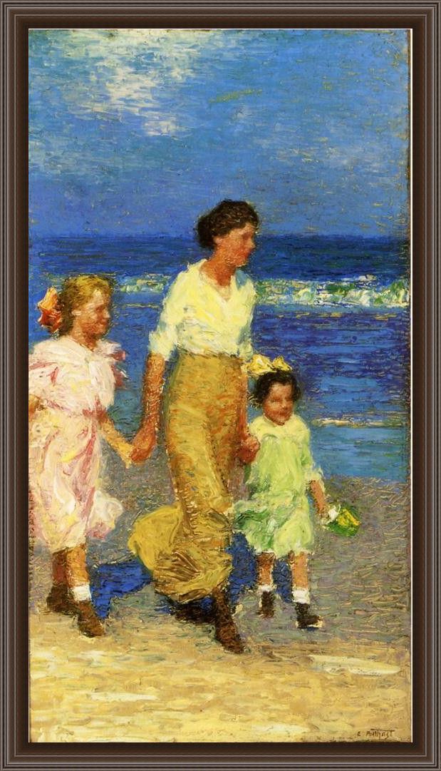 Framed Edward Henry Potthast a walk on the beach painting