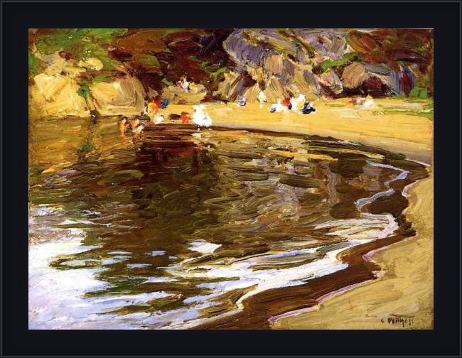 Framed Edward Henry Potthast bathers in a cove painting