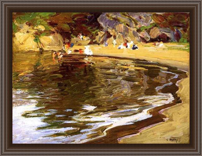 Framed Edward Henry Potthast bathers in a cove painting