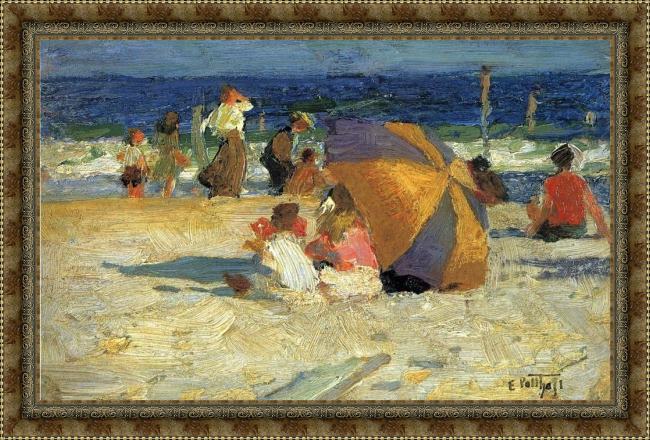 Framed Edward Henry Potthast beach umbrella painting