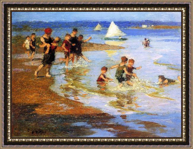 Framed Edward Henry Potthast children at play on the beach painting