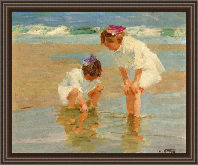 Framed Edward Henry Potthast girls playing in surf painting