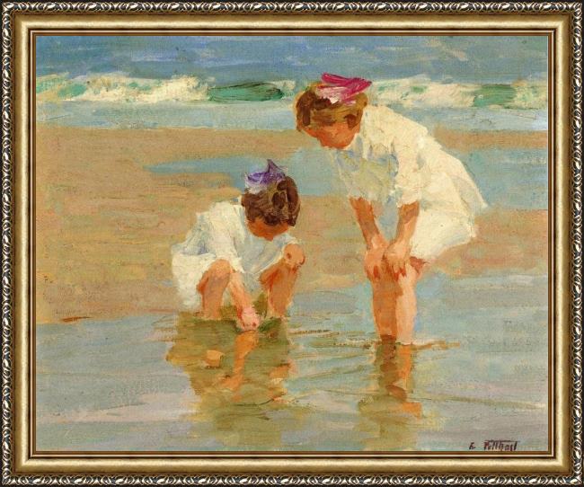 Framed Edward Henry Potthast girls playing in surf painting