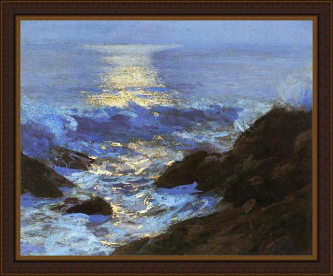 Framed Edward Henry Potthast seascape moonlight painting