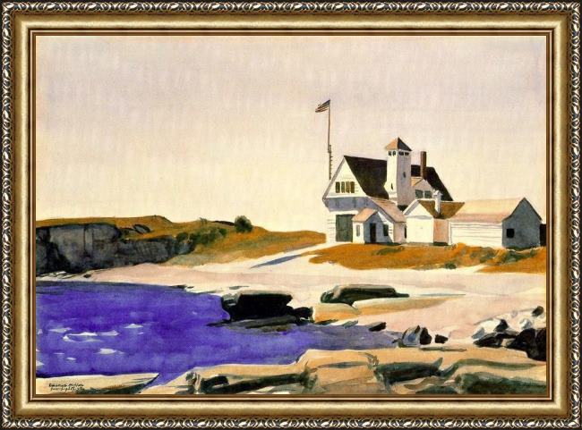 Framed Edward Hopper coast guard station, two lights, maine painting