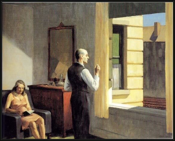 Framed Edward Hopper hotel by the railroad painting
