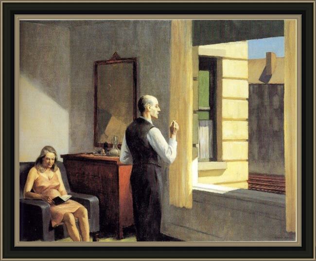 Framed Edward Hopper hotel by the railroad painting