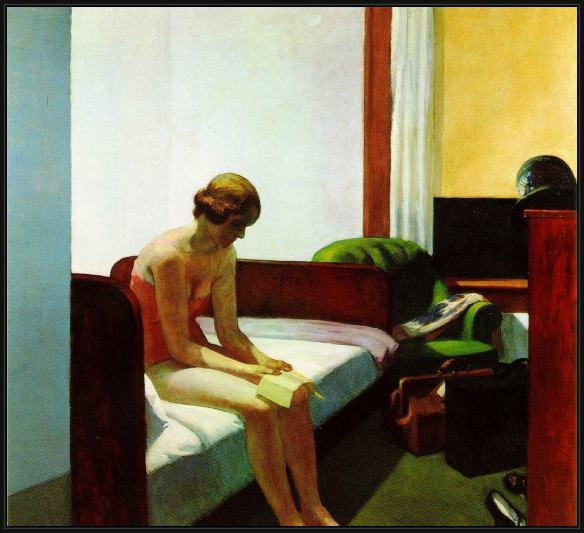 Framed Edward Hopper hotel room painting