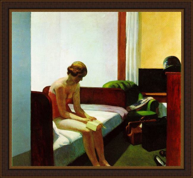 Framed Edward Hopper hotel room painting